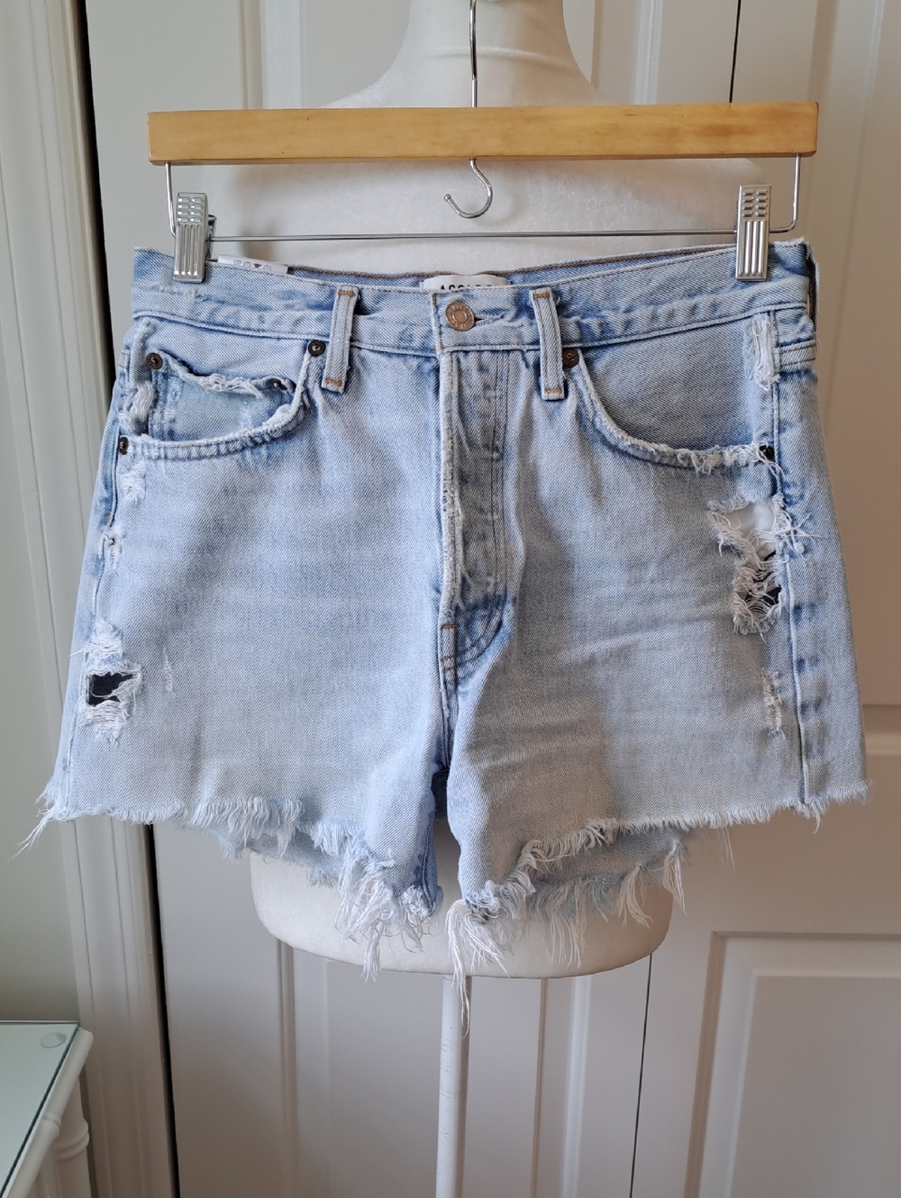 Agolde Womens Parker Long Summer Distressed Light Wash Cut Off Jean Shorts 26